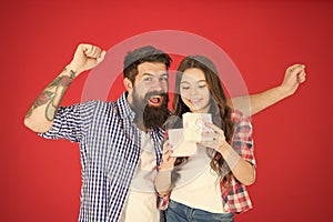 Family celebration. Man bearded father and cute little girl daughter red background. Celebrate fathers day. Family