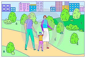 Family character person walk city park, spend fun time leisure line flat vector illustration art. Urban town background