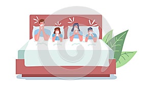 Family Characters Caught Flu Concept. Unhappy Sick Mom, Dad and Children Sitting in Bed Having Fever, Coughing, Sneezing