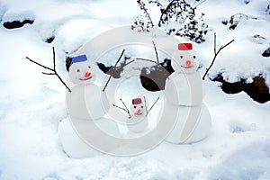 Family of cheerful snowmen rejoice at the arrival of winter and the first snow
