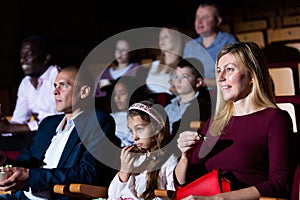 Family with child eating popcorn and watching a movie in cinema