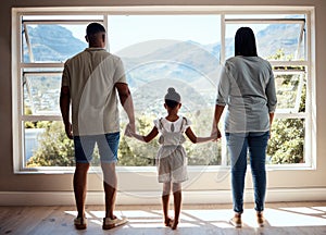 Family, child or girl by window in new house, home or apartment with mortgage loan, finance security or future