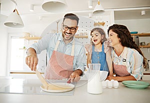 family child kitchen food daughter mother father cooking preparing pancake breakfast happy together