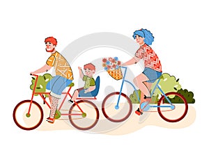 Family with child making a bike ride cartoon flat vector illustration isolated.
