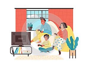 Family with child play computer video games, flat vector illustration isolated.