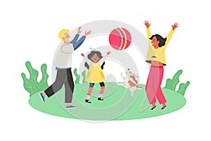 Family with child playing ball outdoors, flat vector illustration isolated.