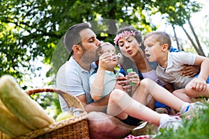 Family with children blow soap bubbles outdoors