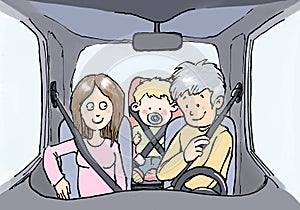 Family with children in car with safety belt