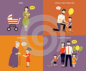 Family with children concept flat icons set