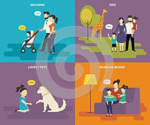 Family with children concept flat icons set