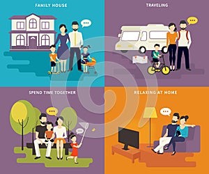 Family with children concept flat icons set