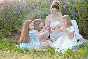 Family with children enjoying picnic outdoors.