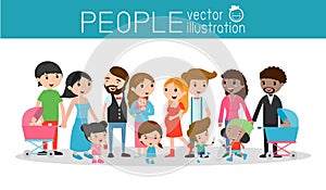 Family and children ,family and kids, family life, set of Happy family, Different nationalities and dress styles, people character