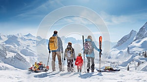 Family with children high in the snowy mountains at a ski resort, doing extreme sports, during vacation and winter