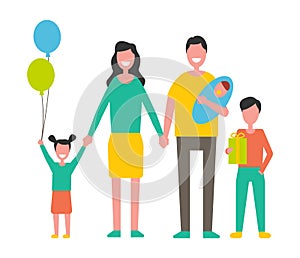 Family with Children Holding Gift Box and Balloons