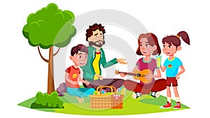 Family With Children On A Picnic In Nature Vector. Isolated Illustration
