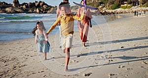 Family, children and plane or beach play or together adventure for holiday, bonding or travel. Parents, siblings and