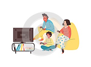 Family with children playing video games, cartoon vector illustration isolated.