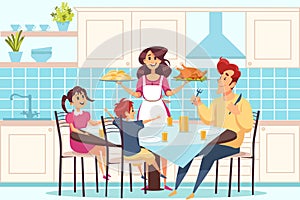 Family with children sitting at dining table, people having dinner together concept