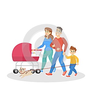 Family with children and stroller walking a dog