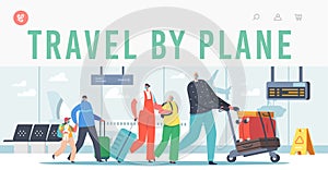 Family with Children Travel by Plane Landing Page Template. Parents Kids in Airport with Baggage. Characters Traveling