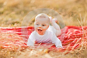 Family with children walking outdoors in summer field at sunset. Little baby boy lying on red plaid having fun in summer