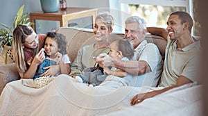 Family, children and watching tv grandparents, parents and kids together on a sofa in the living room of their home