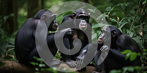 A family of chimpanzees grooming each other in a lush jungle, concept of Social hierarchy, created with Generative AI photo