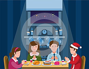 Family christmas dinner. family praying before eat in christmas or new year season illustration vector