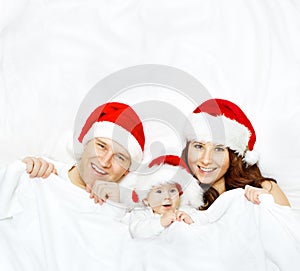 Family in Christmas Hat, Baby Kid, Mother and Father on White