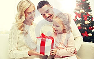 Happy family at home with christmas gift box