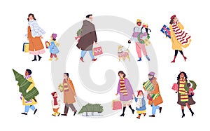 Family christmas shopping. Happy people carrying buy gifts, xmas fair or shop sale, couple and child together with