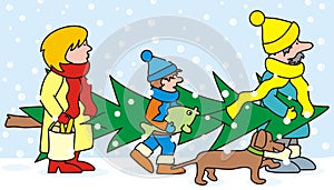 Family and christmas tree, buying a Christmas tree, vector illustration