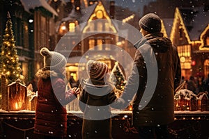 family, christmas, x-mas, winter, happiness and people concept - happy mother and kids in warm clothes over snowy city background