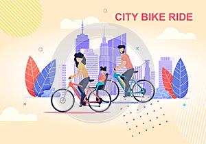 Family City Bike Ride Flat Cartoon Illustration