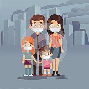 Family city smog. People protective face masks pollution air smog toxic industrial harmful waste dust mask n95 pm2, 5