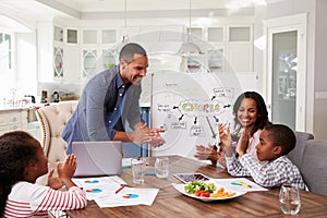 Family clapping at a domestic meeting in their kitchen