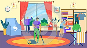 Family clean house, people in home interior vector illustration. Domestic housework for woman man character, flat