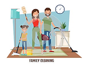 Family Cleaning, Doing Household Chores in Flat.