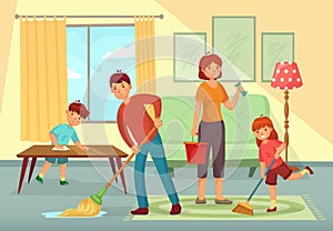 Family cleaning house. Father, mother and kids cleaning living room together housework cartoon vector illustration