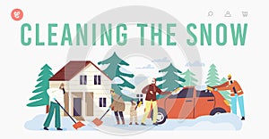 Family Cleaning Snow Landing Page Template. Happy Character Parents and Kids Shoveling Snow from House Front Yard