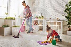 Family cleans the room