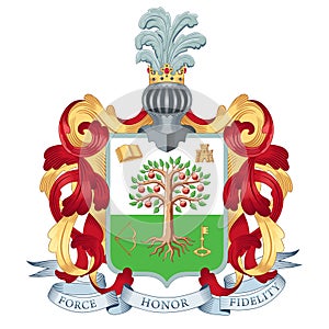 Family coat of arms. In the field of the shield is a tree with fruits. Below is a ribbon with a motto force, honor, fidelity