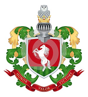 Family coat of arms. White horse on a red shield. Above there is a knight`s helmet, crown and an owl