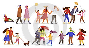 Family collection, ride on sledge, child with balloon, kite, walk with dog, with umbrellas, skating