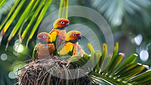 A family of colorful birds perched on a biofuelproducing palm tree their vibrant plumage contrasting against the trees