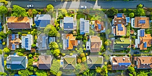 Family colorful houses in neighborhood with green trees, Aerial View