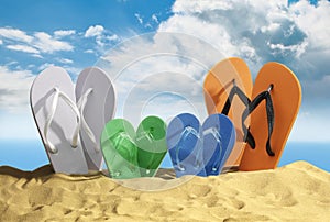 Family of Coloured Flip Flops on Beach