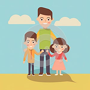 Family concept, Father with son and daughter, flat style illustration, AI generative image