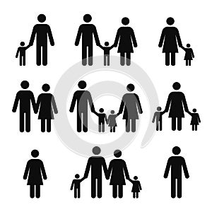 Family concept icons. Mother, father, son and daughter pictograms. People stick figure symbols